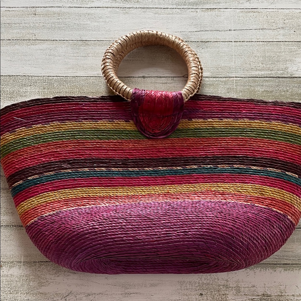 Multicolor Straw Tote Bag with Circular Handles